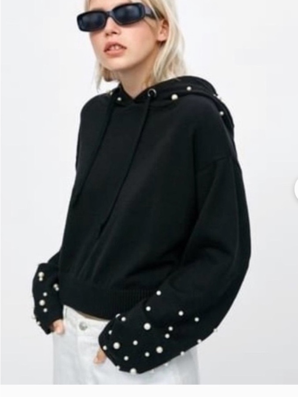 Zara Black Pearl-Embellished knit Hoodie Sweater  Size S.